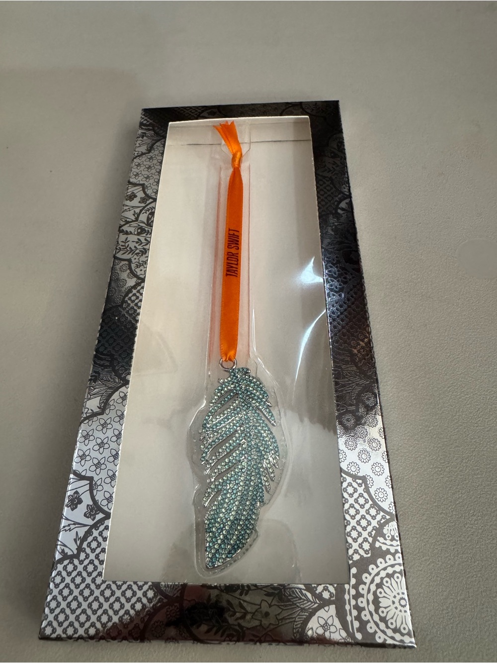 Taylor Swift Blue Crystal Feather Ornament with Orange Ribbon